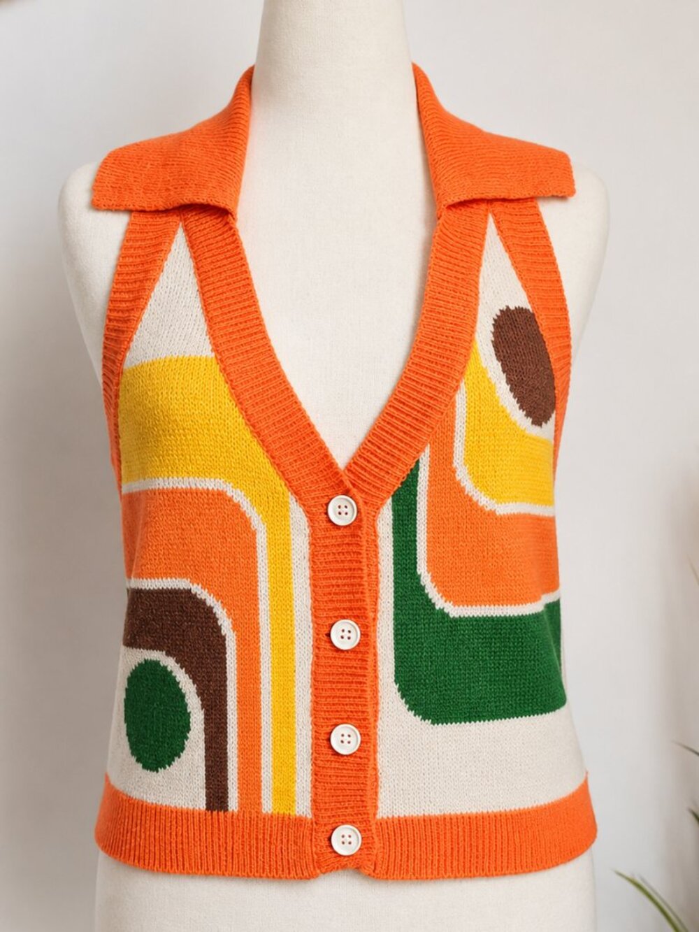OXKnit NEW Retro 70s Geometric Abstract Halter Sweater Vest SZ Small Boho Mod - Picture 2 of 9